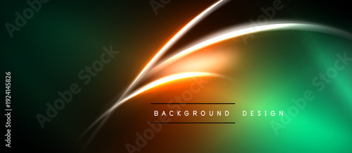 Abstract neon lines over dark gradient background. Bright orange, teal hues create dynamic visual effect. Modern design element.
