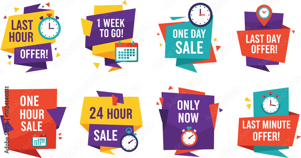 Naklejka premium Modern flat vector set of colorful sale banners featuring countdown timers clocks and calendars for last hour offers one day sales and limited time promotions.