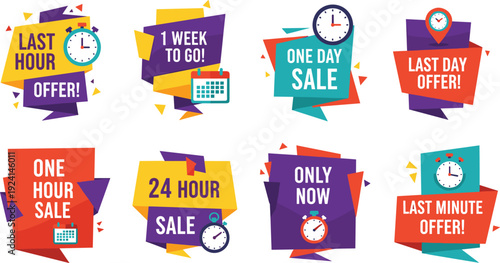 Modern flat vector set of colorful sale banners featuring countdown timers clocks and calendars for last hour offers one day sales and limited time promotions.