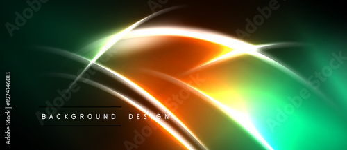 Abstract neon lines create dynamic glowing shapes. Vivid orange, green hues blend into dark background. Modern design element.