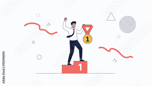 Businessman celebrates winning first place medal on podium, business success concept.