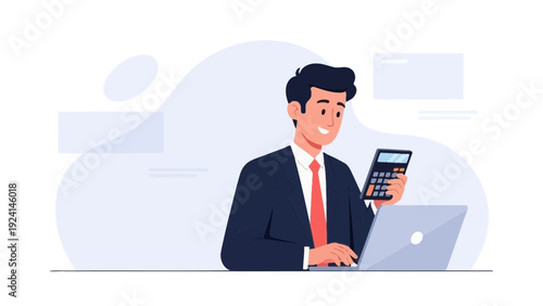 Businessman calculating finances on laptop with calculator, modern office illustration