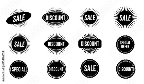 Black Sunburst Stamp Seals and Round Sale Badge Stickers Vector Illustration
