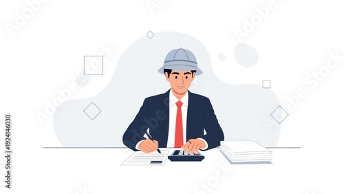 Businessman Calculating Finances with Calculator and Papers
