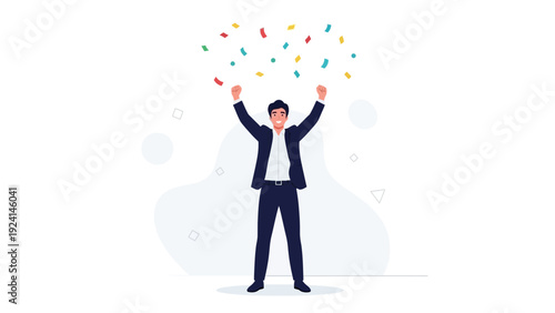 Businessman Celebrating Success with Confetti, Arms Raised in Joy
