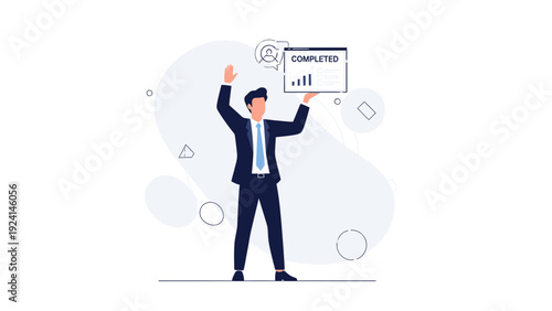 Businessman celebrating successful project completion with graph and award icon