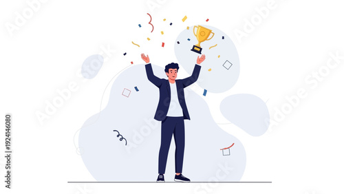 Businessman celebrating victory with trophy and confetti, concept of success and achievement