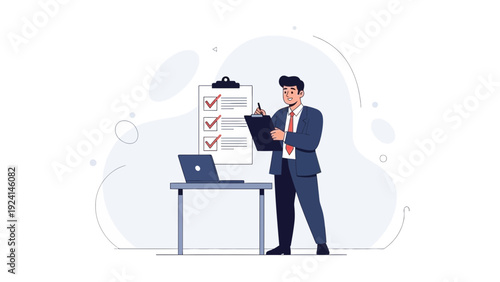 Businessman checking checklist on clipboard near laptop, business planning concept