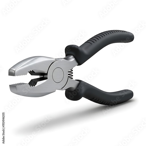 A single pair of combination pliers with black rubberized grips rests open against a stark white background showing its metallic jaws.