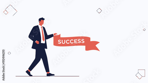 Businessman crossing finish line ribbon with the word SUCCESS