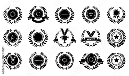 Laurel Wreath Award Emblem Collection – Silhouette Medal and Trophy Crest Vector