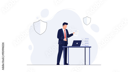 Businessman examining documents near laptop and shields, secure business concept