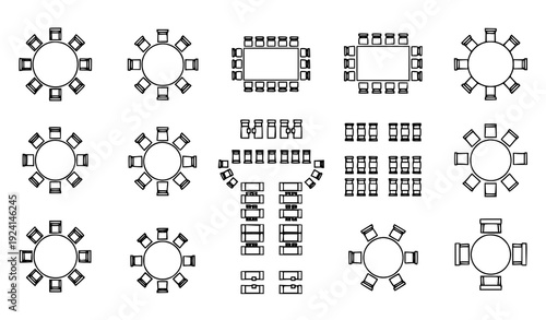 Table Seating Arrangement Event Icons Set Isolated on White Background Vector
