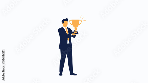 Businessman holding a golden trophy, celebrating success and achievement
