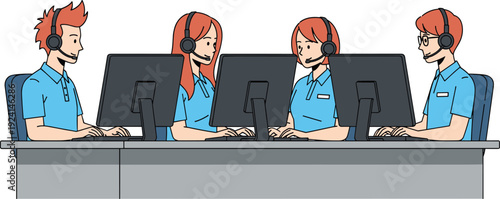 Customer Support Team Illustration with Call Center Operators Using Headsets Working at Computers Providing Online Assistance and Technical Service Concept