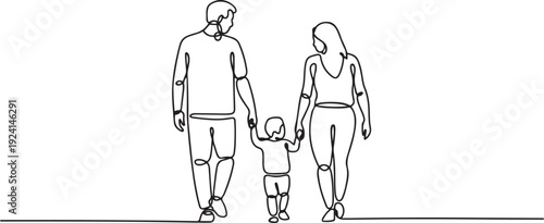 Happy family in continuous line art drawing style. Front view of parents with their little kid holding hands and walking together black linear sketch isolated. single line vector illustration.