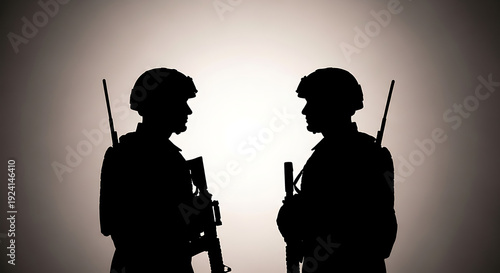Two soldiers in silhouette facing each other with guns and helmets