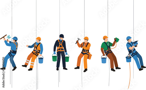 Professional high altitude industrial climbers and window washers wearing safety harnesses and helmets performing maintenance cleaning and repair work on skyscraper buildings vector.