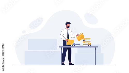 Businessman organizing documents and files on a desk in office
