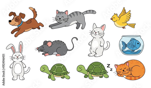 Funny Pet Animals Cartoon Vector Set – Dog, Cat, Bird, Fish, Rabbit, Turtle