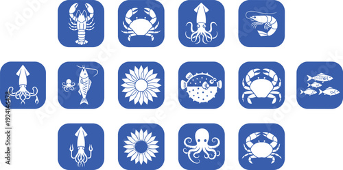 Sea creature and flower icon set featuring lobster crab squid shrimp octopus and puffer fish silhouettes on blue rounded square backgrounds