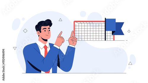 Businessman pointing at goal with ribbon, achieving targets, success concept