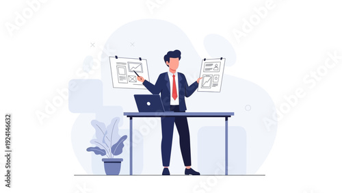 Businessman presenting data and strategy on whiteboard and paper