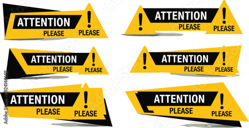 Set of bold yellow and black attention please warning banners with exclamation marks for important announcements website alerts and safety notification designs.