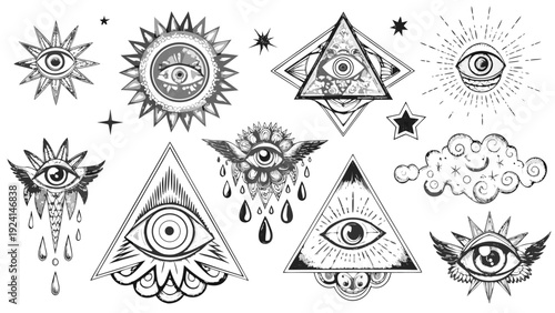 Black and white illustration featuring multiple eyes triangles stars and decorative mystical elements