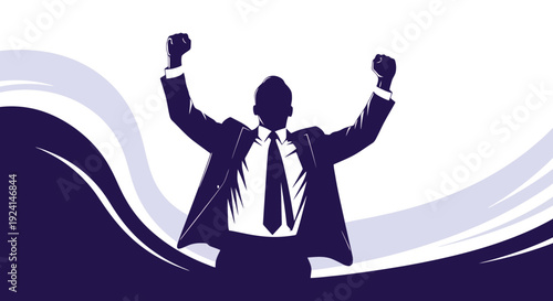 Silhouette of a triumphant businessman raising arms in celebration.