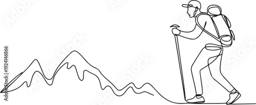 Man climbs the mountains in one continuous line drawing. Traveler with backpack is hiking in simple linear style. isolated white background