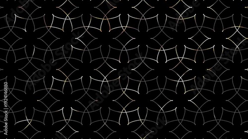 transforming circles to abstract flowers, changing geometric shape pattern, shiny lines isolated on black background, abstract motion design overlay template decoration