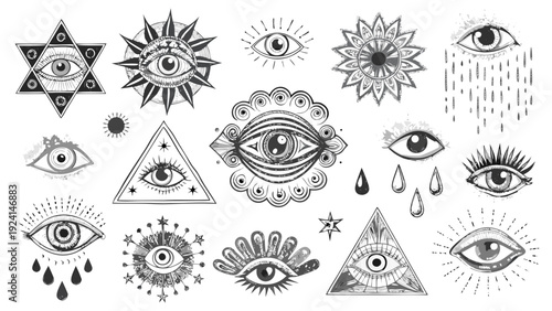 Black and white illustration featuring various eye designs geometric shapes and mystical symbols