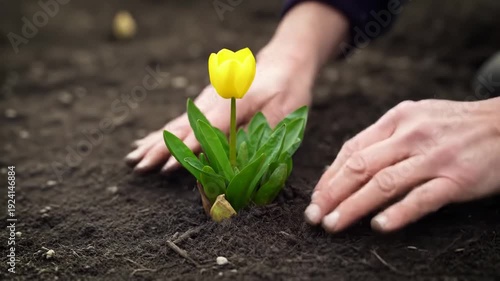 Hands Planting Yellow Tulip Flower in Soil for Garden Growth