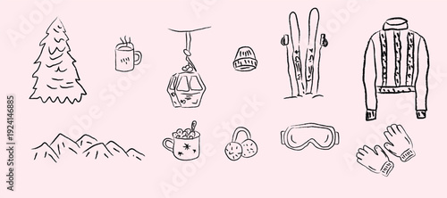 Hand drawn winter ski and apres ski illustration set.