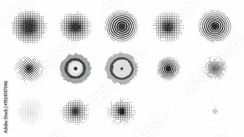 A grayscale image displays various circular halftone patterns arranged in a grid formation