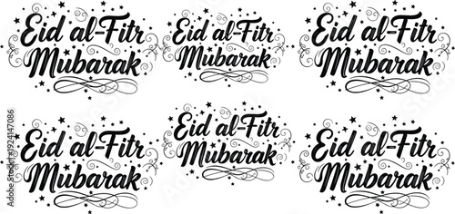 Set of elegant Eid al Fitr Mubarak greeting typography with black decorative script stars and swirl elements for Islamic holiday celebration designs.