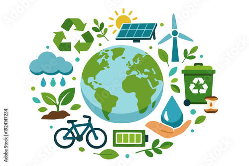 Circular eco sustainability concept icons with renewable energy elements flat vector illustration