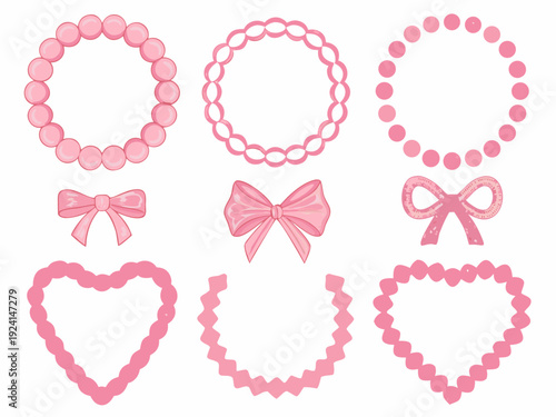 Pink beaded necklaces bracelets and bows arranged in a whimsical decorative pattern