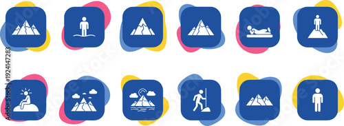 Set of flat vector icons featuring mountain peaks hiking silhouettes outdoor camping activities and climbing symbols for adventure travel apps and nature branding.