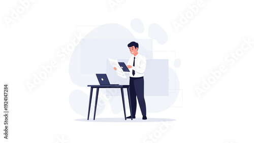 Businessman Reading Newspaper at Desk with Laptop, Modern Flat Illustration