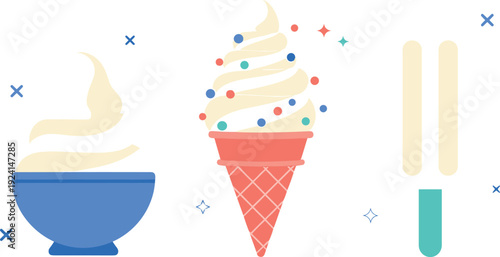 Ice Cream Dessert Illustration Set with Soft Serve Cone Bowl and Popsicle Representing Sweet Food Treat Summer Snack and Frozen Menu Design