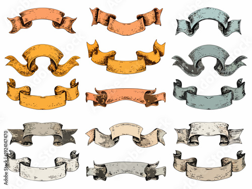 Various vintage style ribbons in different colors and shapes arranged in a neat pattern