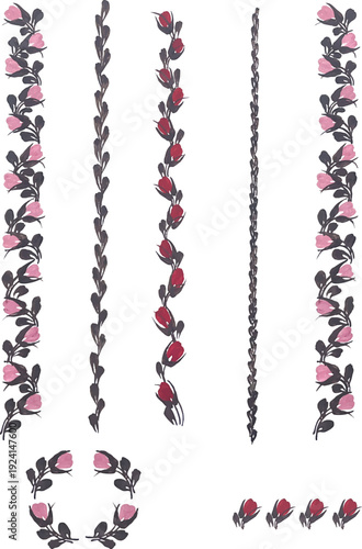 Decorative red floral borders inspired by traditional Ukrainian Petrikivka painting. Perfect for invitation, digital design, packaging, greeting cards.