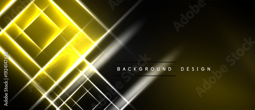 Abstract yellow lines intersect over black background. Modern design features bright illumination, creating dynamic visual effect.