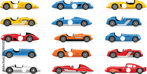 Vintage racing car vector collection featuring classic mid-century open-wheel speedsters, sports bolides, and retro automotive illustrations in vibrant red blue and yellow colors.