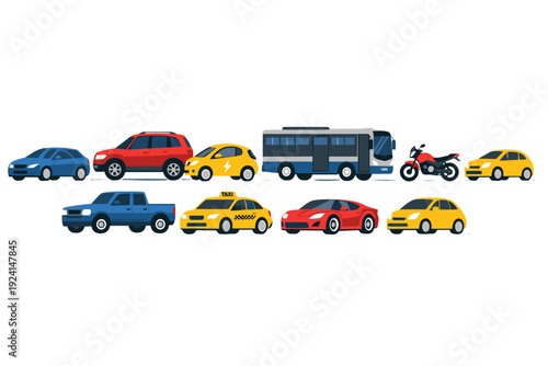 Flat transport vehicles collection with top view cars trucks buses detailed vector illustration