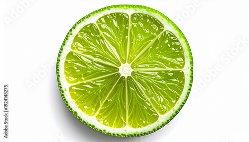 Vibrant Lime Slice on White Backdrop Fresh Citrus Fruit Detail Close Up for Wellness Healthy Lifestyle Conceptual Still Life.