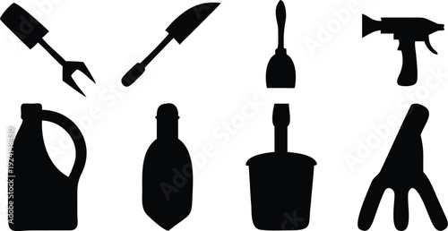 Set of black gardening and cleaning tools icons isolated