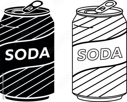Soda Can Icon Set in Solid and Outline Style for Soft Drink, Beverage Packaging, Refreshment, and Food Industry Vector Design